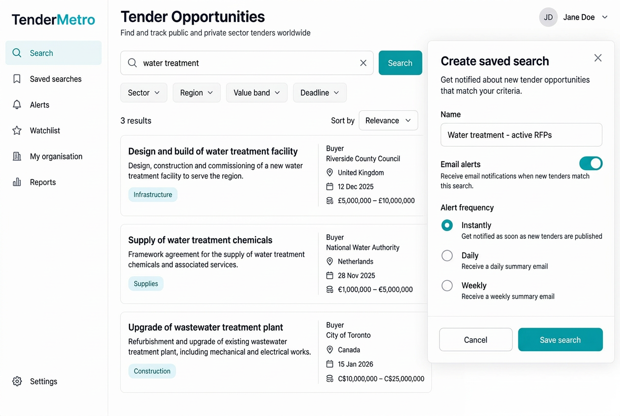 TenderMetro search with filters, results and a saved-search email alert dialog